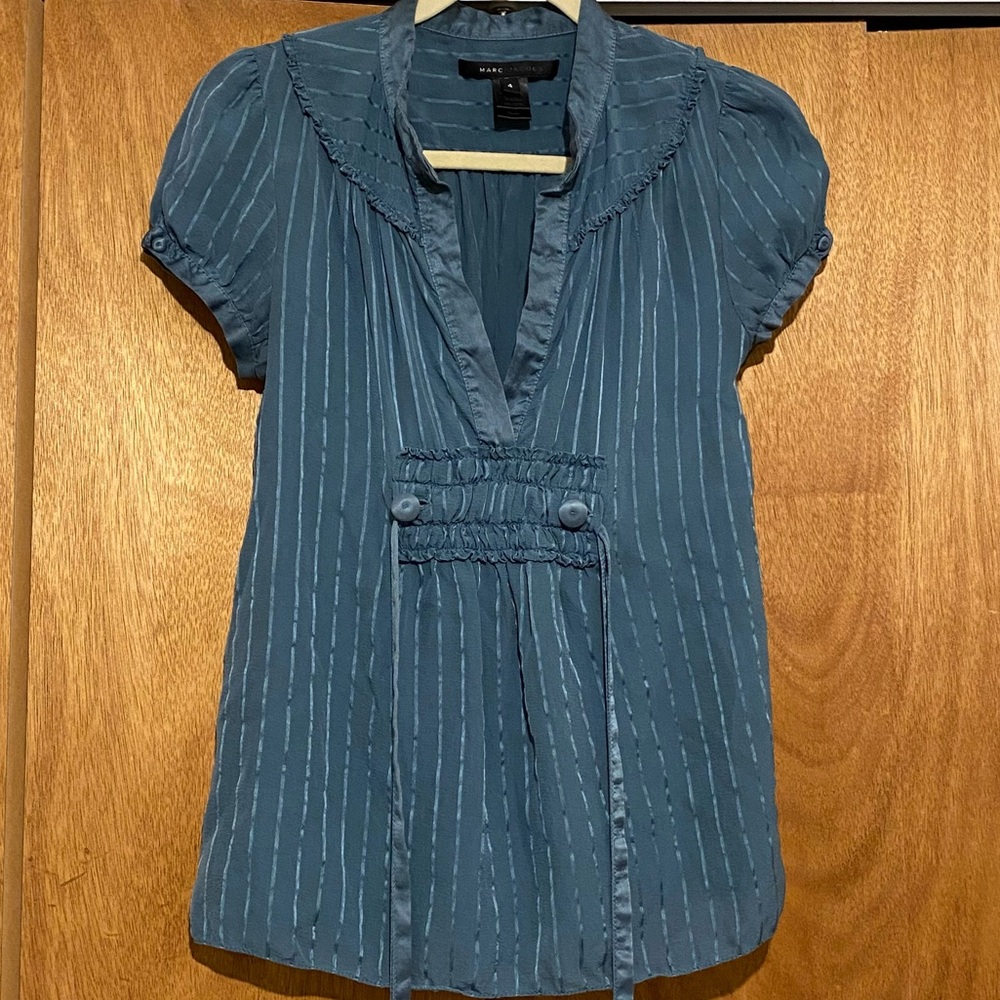 Marc Jacobs Teal Silk Ruffle Belted Blouse